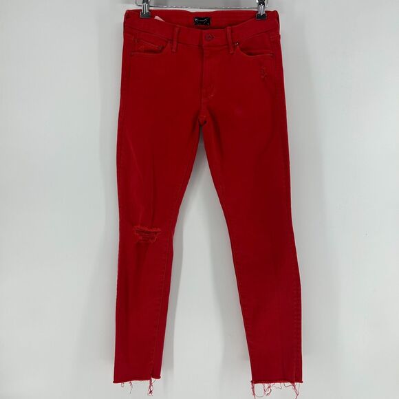 Mother Looker Ankle Fray Skinny Jeans Women's 26 Red Distressed Raw Ankle Pants - Picture 1 of 15